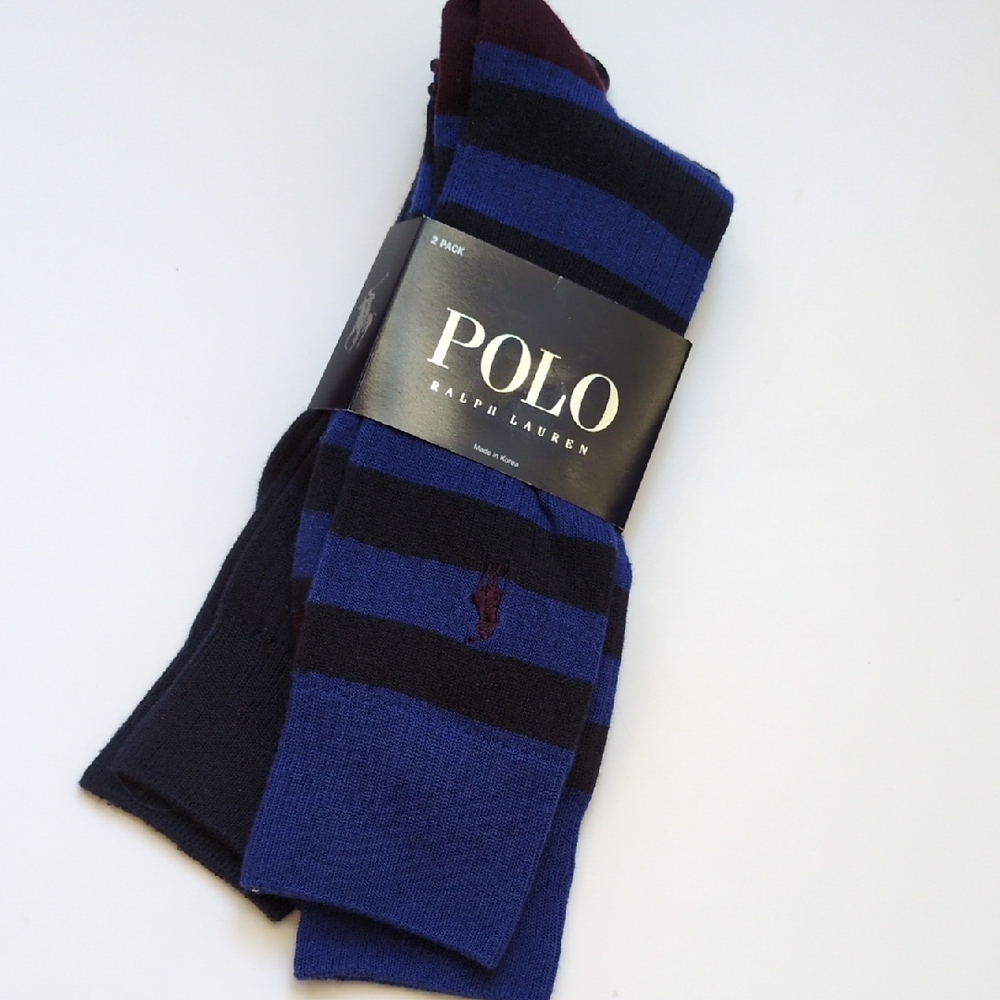 NWT Polo Ralph Lauren 2 Pair Mens Socks - Black Blue Striped Maroon Logo Cotton